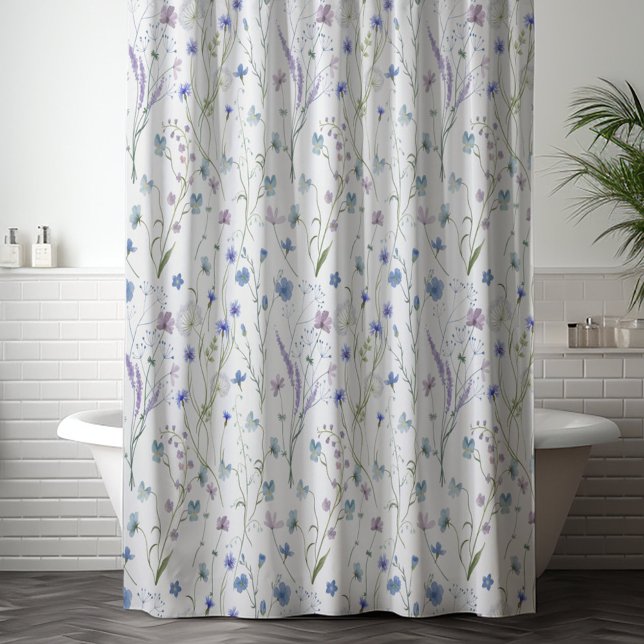 Blue Purple Pretty Wildflower Floral Pattern Shower Curtain (In situ)