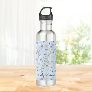 Blue Purple Pretty Wildflower Floral Pattern Stainless Steel Water Bottle