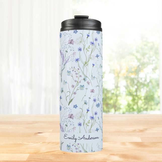 Blue Purple Pretty Wildflower Floral Pattern Thermal Tumbler (Close up)