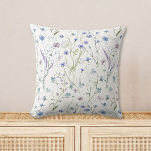 Blue Purple Pretty Wildflower Floral Pattern Throw Pillow