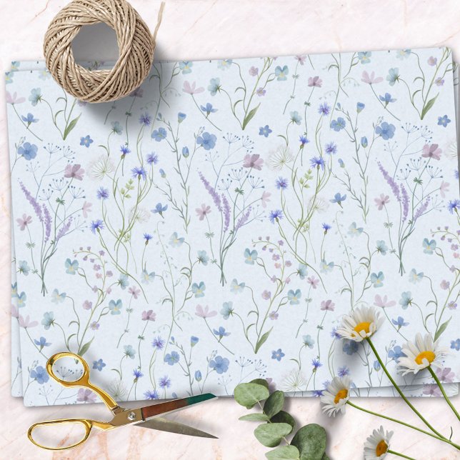 Blue Purple Pretty Wildflower Floral Pattern Tissue Paper (In situ)