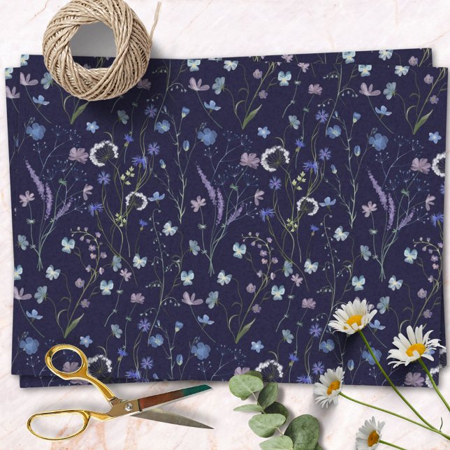 Blue Purple Pretty Wildflower Floral Pattern Tissue Paper (In situ)