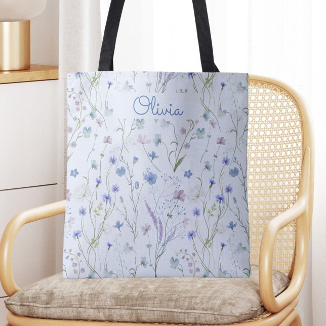 Blue Purple Pretty Wildflower Floral Pattern Tote Bag (In situ)