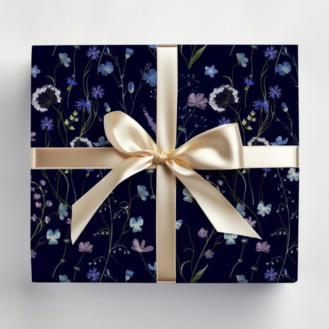 Blue Purple Pretty Wildflower Floral Pattern Wrapping Paper (In situ)