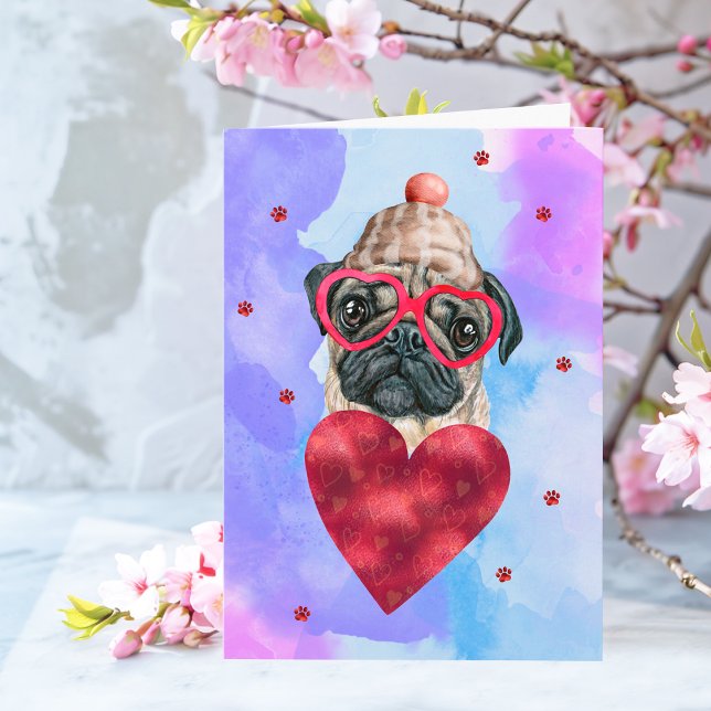 Blue Purple Pug Valentine's Day Gift Dog Card (Creator Uploaded)