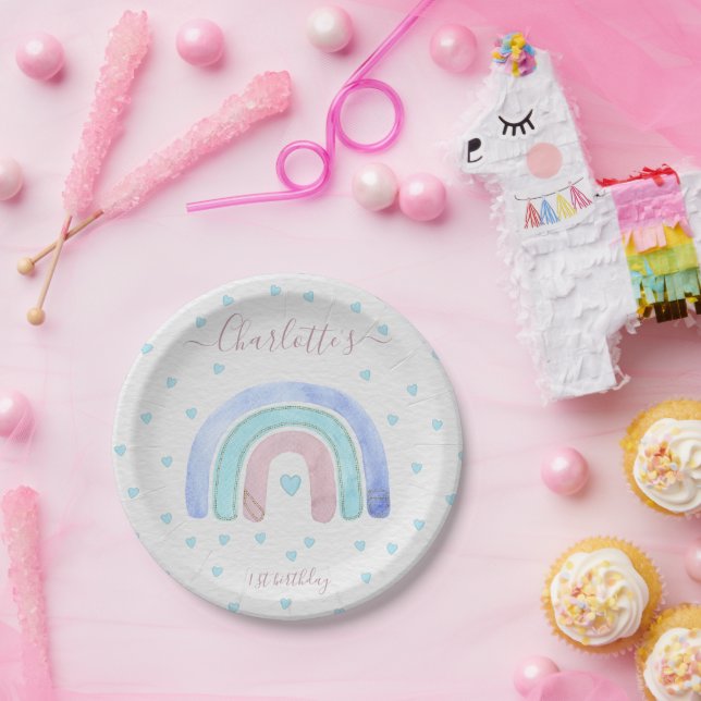 Blue Purple Rainbow First Birthday Paper Plates (Party)