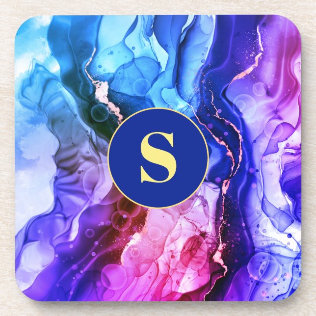 Blue, Purple & Red-Violet Liquid Ink, Monogram Beverage Coaster (Front)