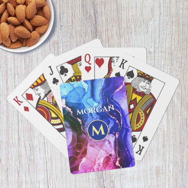 Blue Purple Red-Violet Liquid Ink, Monogram & Name Poker Cards (Creator Uploaded)