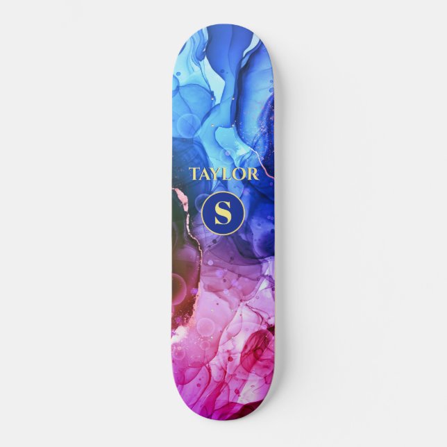 Blue Purple Red-Violet Liquid Ink, Monogram & Name Skateboard (Front)