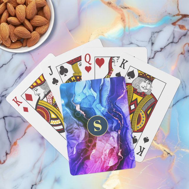 Blue, Purple & Red-Violet Liquid Ink, Monogram Poker Cards (Creator Uploaded)