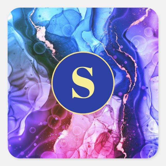 Blue, Purple & Red-Violet Liquid Ink, Monogram Square Sticker (Front)