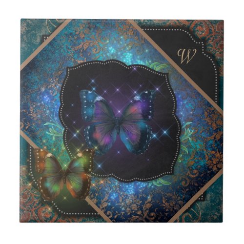 Blue Purple Romantic Butterflies and Damask  Ceramic Tile