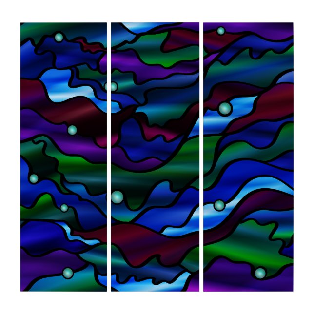 Blue Purple Seascape Stained Glass Abstract Triptych (Front)