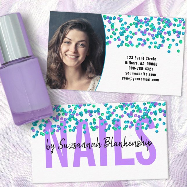 Blue Purple Sequins Large Text NAILS Custom  Business Card (Creator Uploaded)