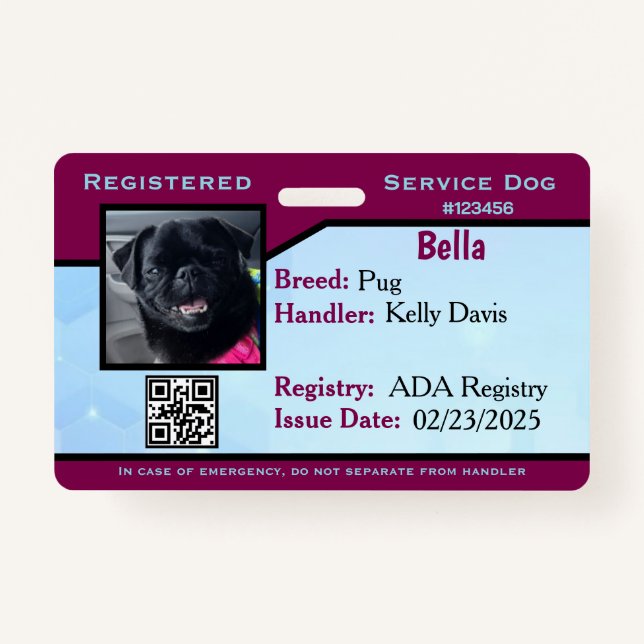 Blue/Purple service dog ID card Badge (Front)
