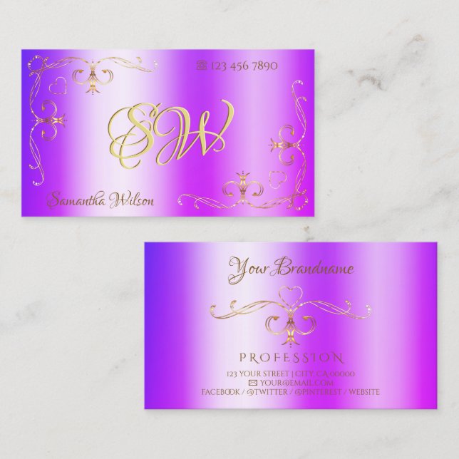 Blue Purple Shimmery Gold Ornate Corners Initials Business Card (Front/Back)