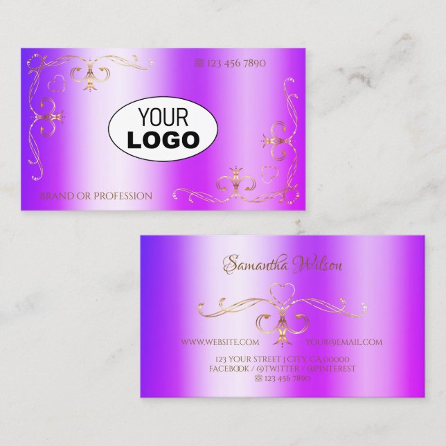 Blue Purple Shimmery Gold Ornate Corners with Logo Business Card (Front/Back)