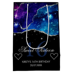 Blue & Purple Silver Glitter Galaxy Agate Sweet 16 Medium Gift Bag