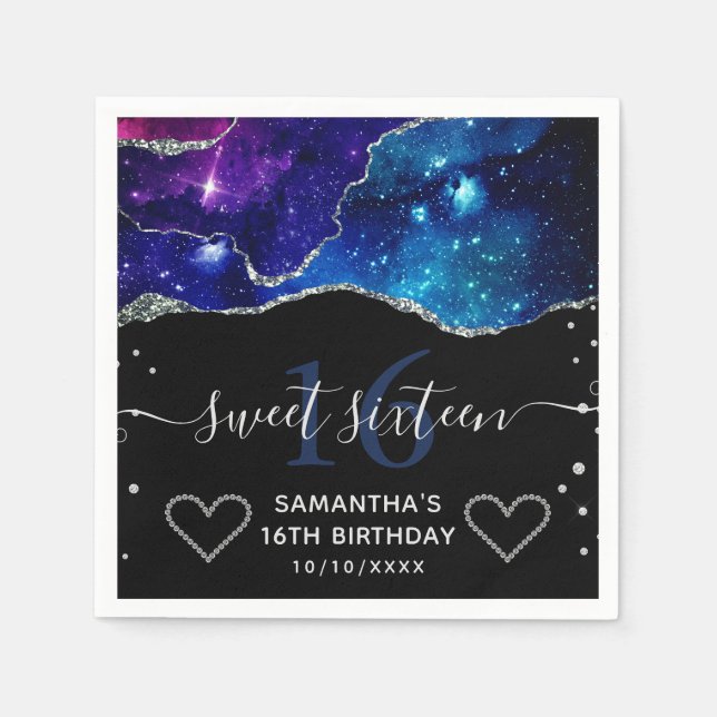 Blue & Purple Silver Glitter Galaxy Agate Sweet 16 Napkins (Front)