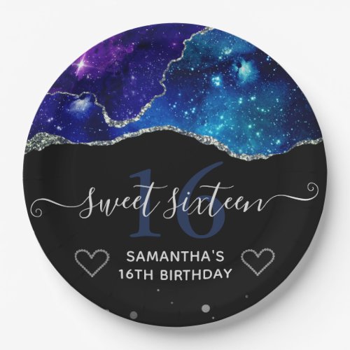 Blue  Purple Silver Glitter Galaxy Agate Sweet 16 Paper Plates