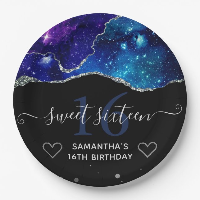 Blue & Purple Silver Glitter Galaxy Agate Sweet 16 Paper Plates (Front)
