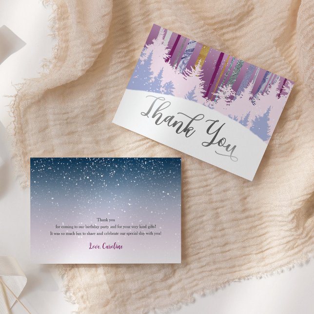 Blue Purple Silver Snow Wood Winter Trees Birthday Thank You Card (Creator Uploaded)