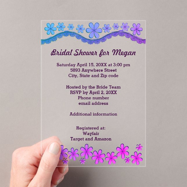 Blue & Purple Six Pedal Flowers Bridal Shower Acrylic Invitations (Insitu (Handheld))