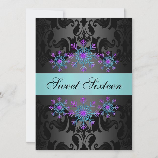 Blue & Purple Snowflake Sweet16 Birthday Invite (Front)