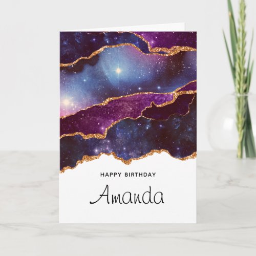 Blue  Purple Space  Stars Modern Agate Birthday Card