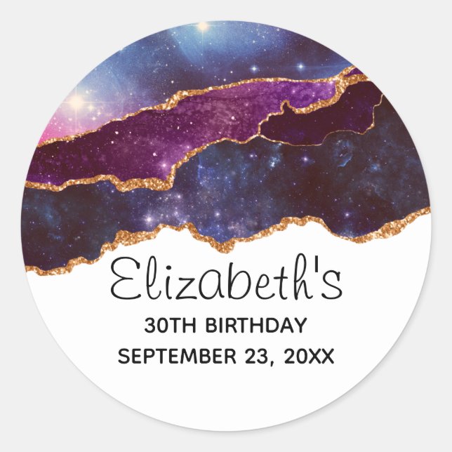 Blue & Purple Space & Stars Modern Agate Birthday Classic Round Sticker (Front)