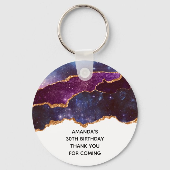 Blue & Purple Space & Stars Modern Agate Birthday Keychain (Front)