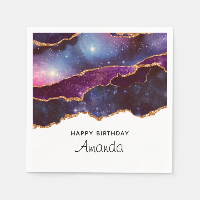 Blue & Purple Space & Stars Modern Agate Birthday Napkins (Front)