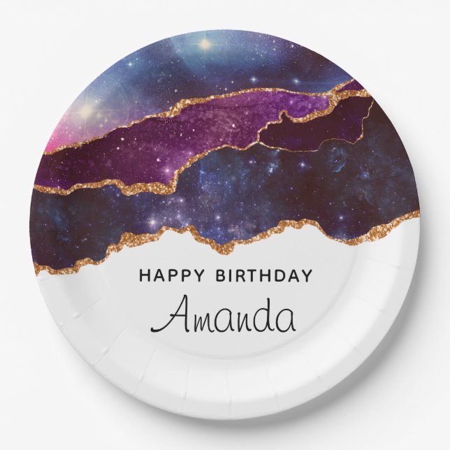 Blue & Purple Space & Stars Modern Agate Birthday Paper Plates (Front)