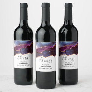 Blue & Purple Space & Stars Modern Agate Birthday Wine Label