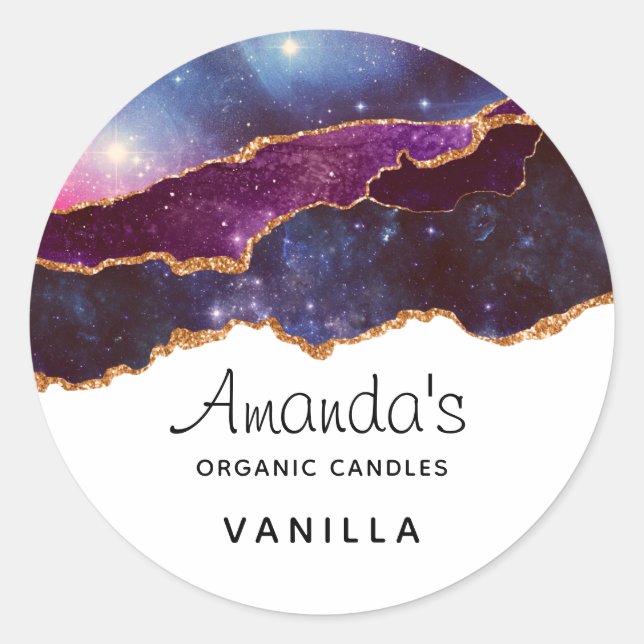 Blue & Purple Space & Stars Modern Agate Candle Classic Round Sticker (Front)