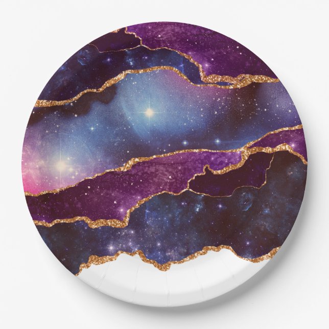 Blue & Purple Space & Stars Modern Agate Paper Plates (Front)