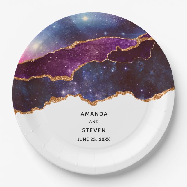 Blue & Purple Space & Stars Modern Agate Wedding Paper Plates (Front)