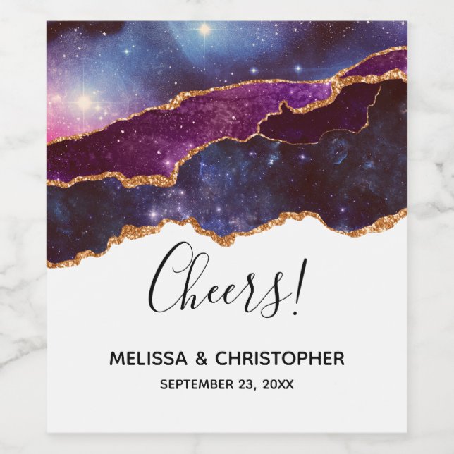 Blue & Purple Space & Stars Modern Agate Wedding Wine Label (Single Label)