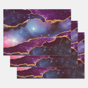Blue & Purple Space & Stars Modern Agate Wrapping Paper Sheets