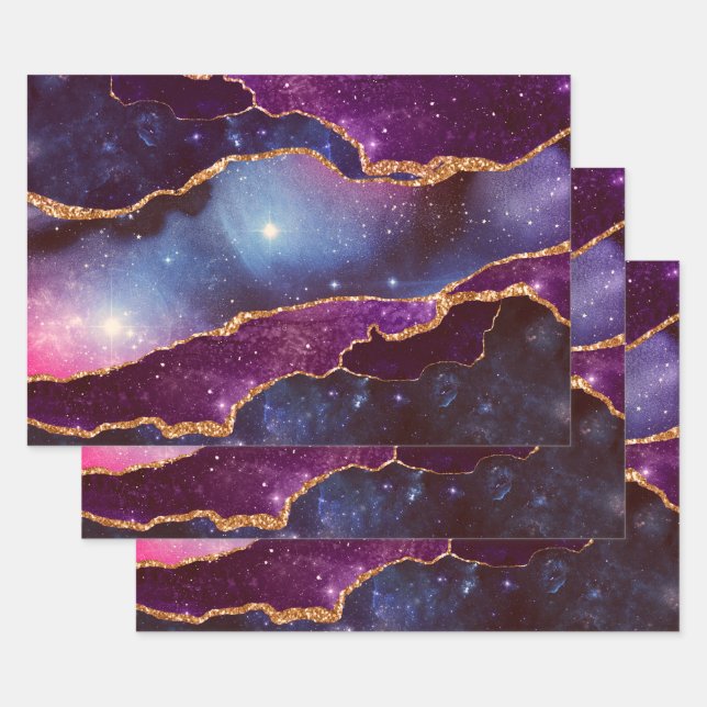 Blue & Purple Space & Stars Modern Agate Wrapping Paper Sheets (Set)