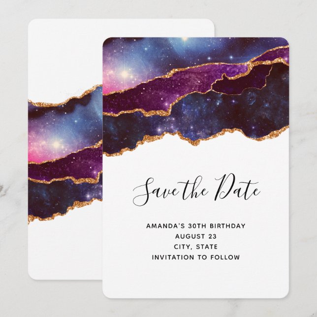 Blue & Purple Space & Stars Modern Birthday Save The Date (Front/Back)