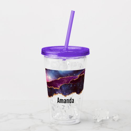 Blue  Purple Space  Stars with Gold Ribbon Acrylic Tumbler