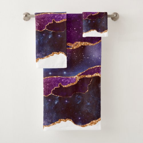 Blue  Purple Space  Stars with Gold Ribbon Bath Towel Set