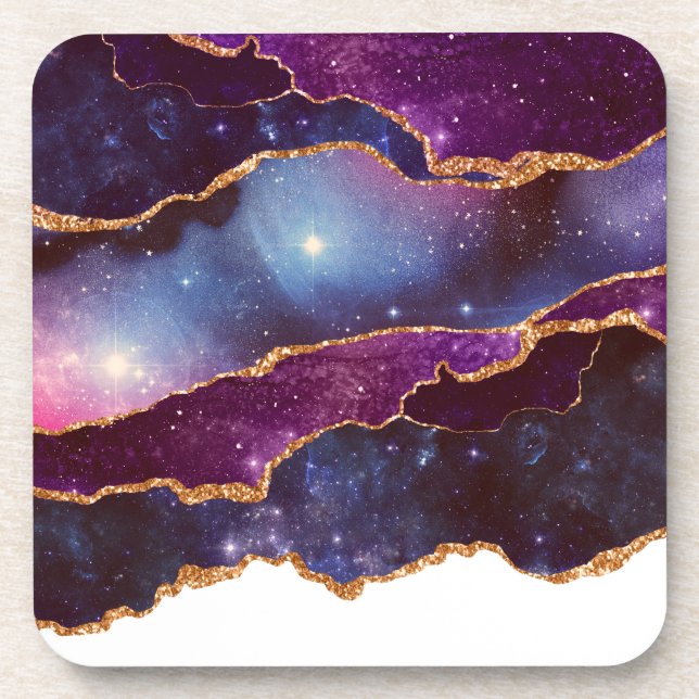 Blue & Purple Space & Stars with Gold Ribbon Beverage Coaster (Front)