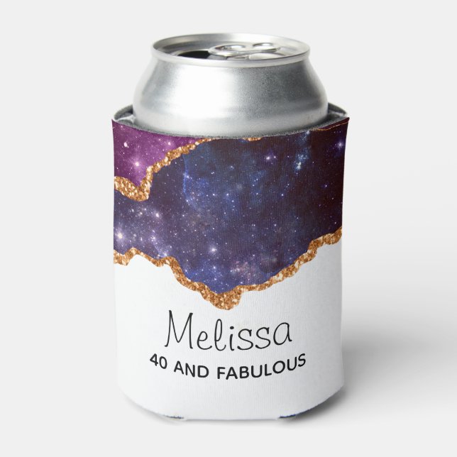 Blue & Purple Space & Stars with Gold Ribbon Can Cooler (Can Front)