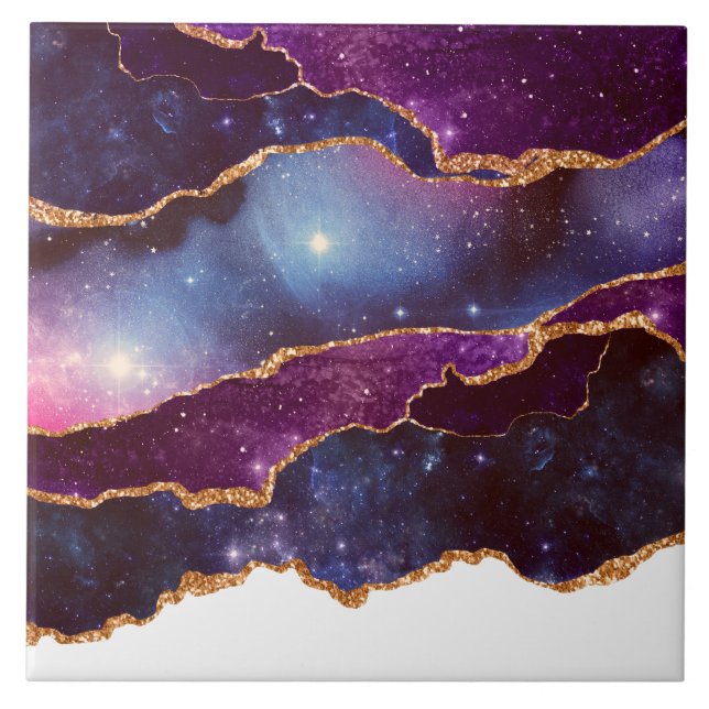 Blue & Purple Space & Stars with Gold Ribbon Ceramic Tile (Front)
