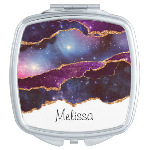 Blue & Purple Space & Stars with Gold Ribbon Compact Mirror