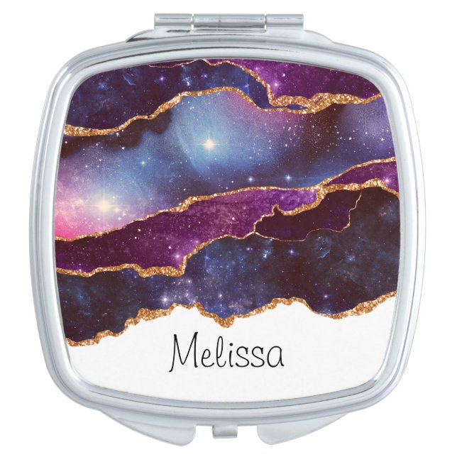 Blue & Purple Space & Stars with Gold Ribbon Compact Mirror (Front)
