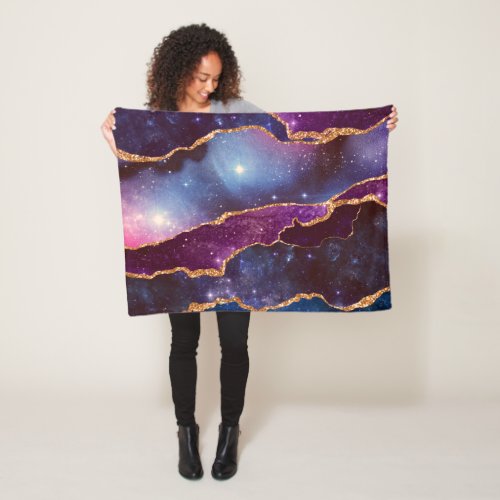 Blue  Purple Space  Stars with Gold Ribbon Fleece Blanket