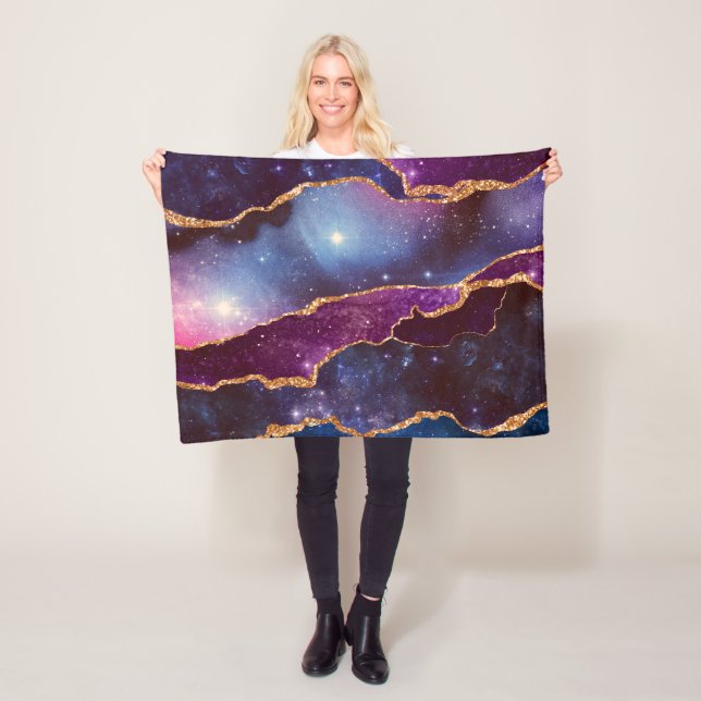 Blue & Purple Space & Stars with Gold Ribbon Fleece Blanket (In Situ)